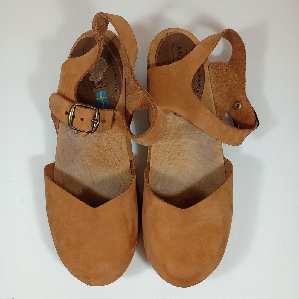 Moheda Sweden Wooden Clogs Ankle Strap Sandals Tan Leather Closed Toe EU 39 /8.5